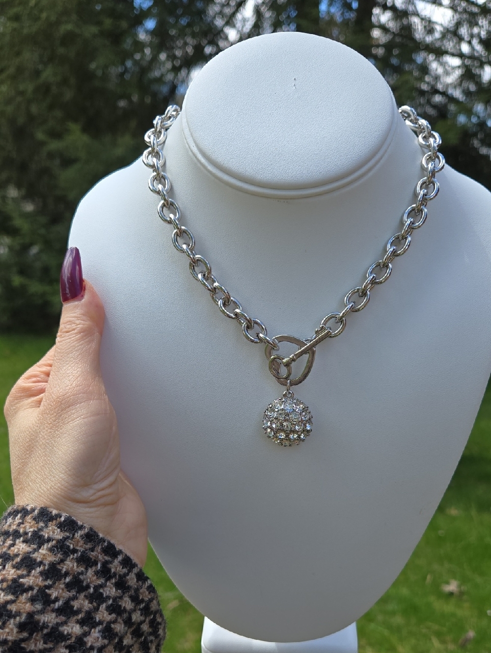 Guess Silver-Tone Crystal Ball Heart Key Toggle Necklace - Women Jewelry - Picture 7 of 16